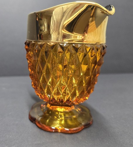 Vtg Indiana Glass Amber Diamond Point Pedestal Creamer Pitcher Vase Gold Trim - Picture 3 of 10