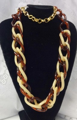 Man Made Tortoise Shell Design Plastik Chunky Link Necklace Belt Modernist 70's