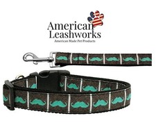Made In America - Nylon Leashes and Collars - Aqua Moustaches