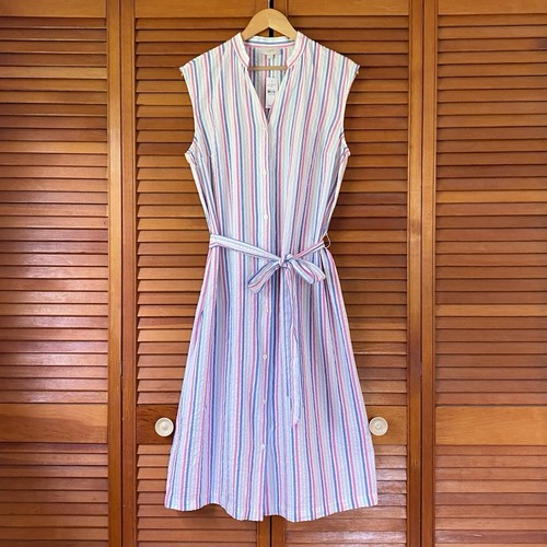 Loft Dress Women’s Size Large Seersucker Midi Sleeveless Button Up Tie Waist NWT