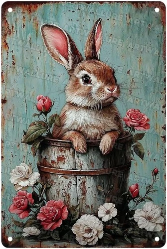 Easter Vintage Rabbit Metal Tin Sign Rustic Bunny Art Sign Farmhouse Decor For H
