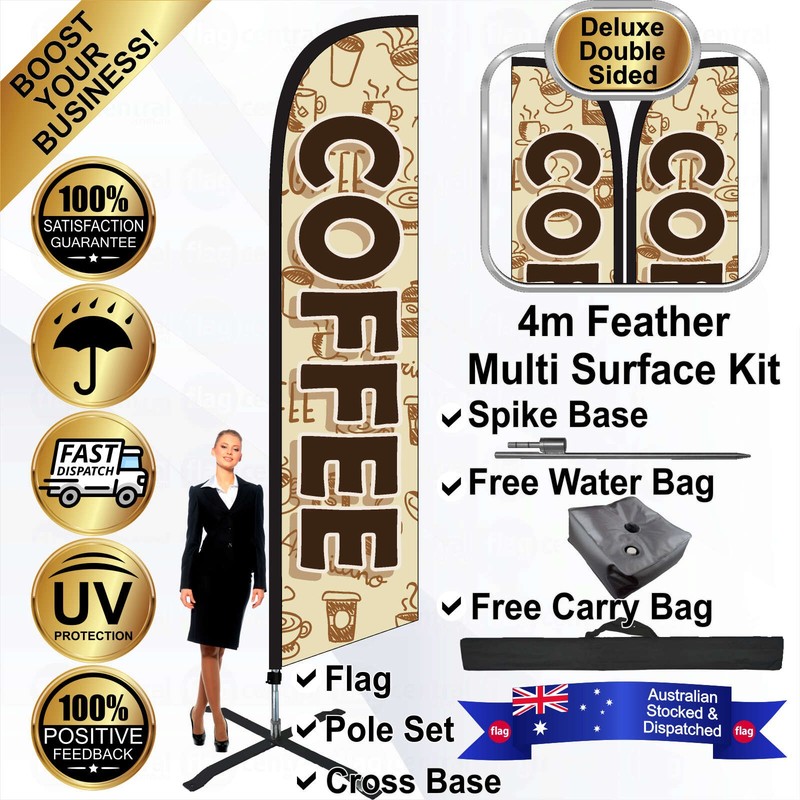 K - COFFEE Cream 4m Feather Flag / Banner Kit with Pole Set, Galvanised Steel Ground Spike, Steel Outdoor Cross Base, Free 15kg Water Bag and a Free Carry Bag - 1