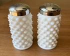 Vintage Fenton Hobnail Salt And Pepper Shakers White Milk Glass Stainless Lids