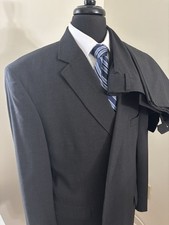 Jos A Bank Suit Mens 50R 44x28 Black Wool 2 Piece Jacket Pants Pleated Formal