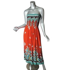 VNTG Handmade Maxi Dress Strapless Smocked Floral Orange Turquoise SMALL/MEDIUM