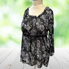 Vintage NINETY Babydoll Top Womens XL Tunic Black White Floral Sheer Y2K Boho