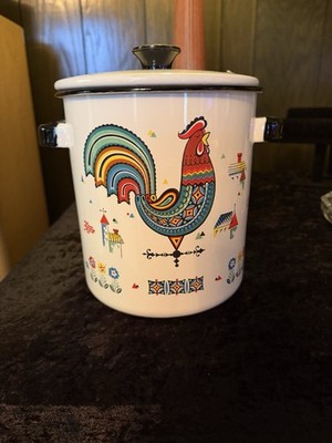 Vintage Rooster 60 s Enamelware Stock Pot w/ Lid Strainer Insert Folk Art Scandi