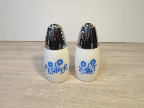Vintage Westmoreland White Milk Glass Salt Pepper Shaker Set Blue Flower