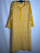 ADA Yellow White Embroidered Sheer Kurta Tunic Dress 21  Pit 44  Long Boho
