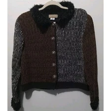 DaLYa Colorblock Cardigan S/M Textured Knit Button Up Fuzzy Collar Sweater