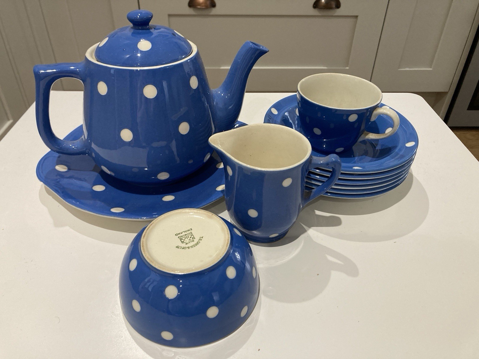 TG Green Blue Domino Cornishware Dishes Teapot Jug Plate, Some Wear, Could Split