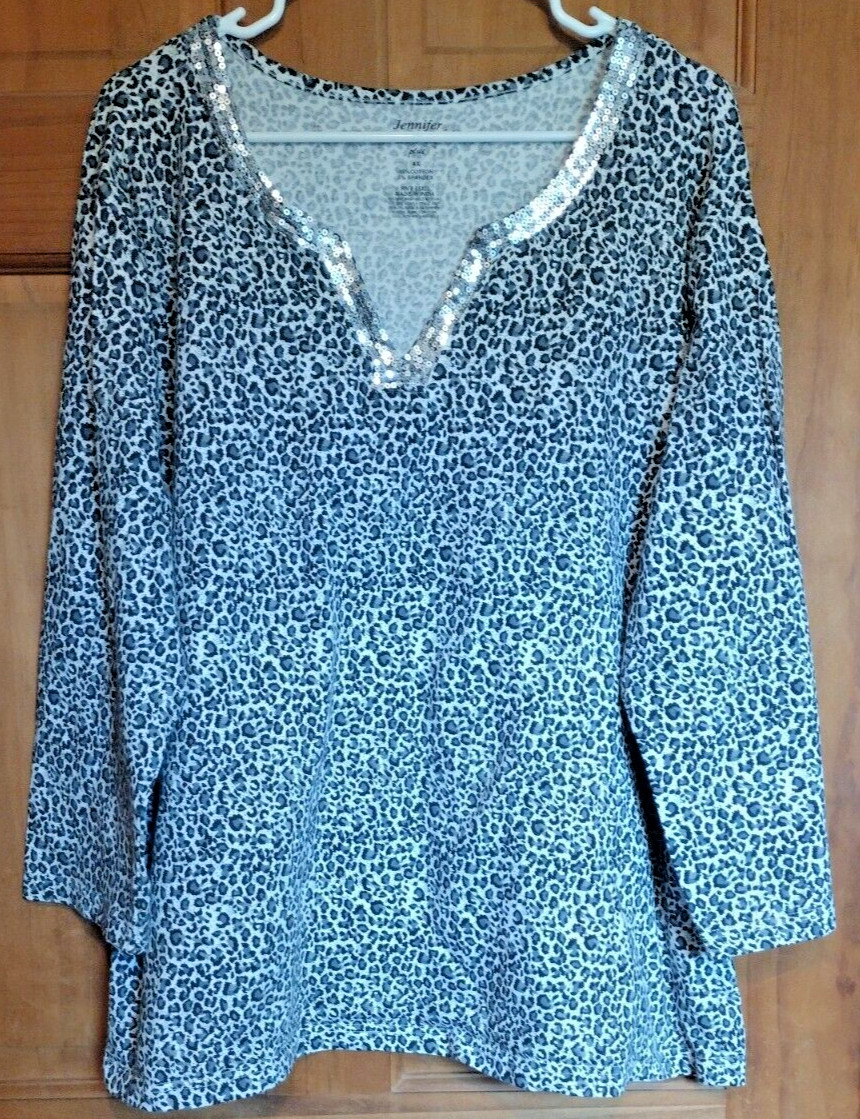 Jennifer Lauren Plus Blouse Size 4X Leopard Print Sequin V Neck 3/4 Sleeve