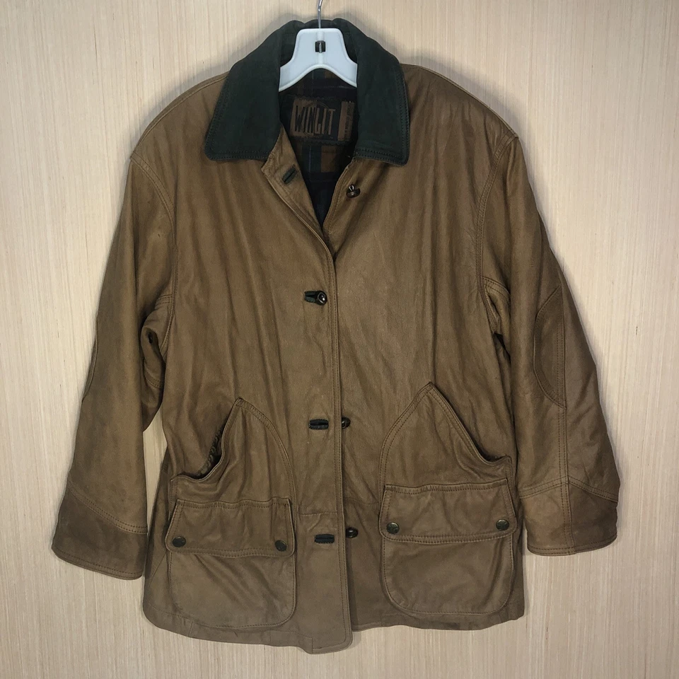 Chaqueta de cuero marrón grande Winlit vintage con forro de manta de cuero verde