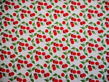 Quilt Fabric By Yard Red Cherries Green Leaves Metallic Silver on White Cotton