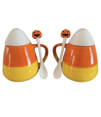 MR. HALLOWEEN Candy Corn Mugs Set of 2 with Pumpkin Spoons, Hot Chocolate Coffee