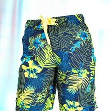 LS ACTIVE Turquoise Yellow Green Hawaii Floral Polyester Boy Swim Trunk Size M