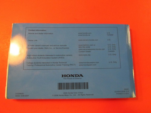 CIVIC, 2009 Honda Civic Coupe Owners Manual - Picture 3 of 8