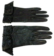 RARE 1930-40s GUANTERIA PARIS FACTORY SOFT BLACK LEATHER BEADED GLOVES 6.25