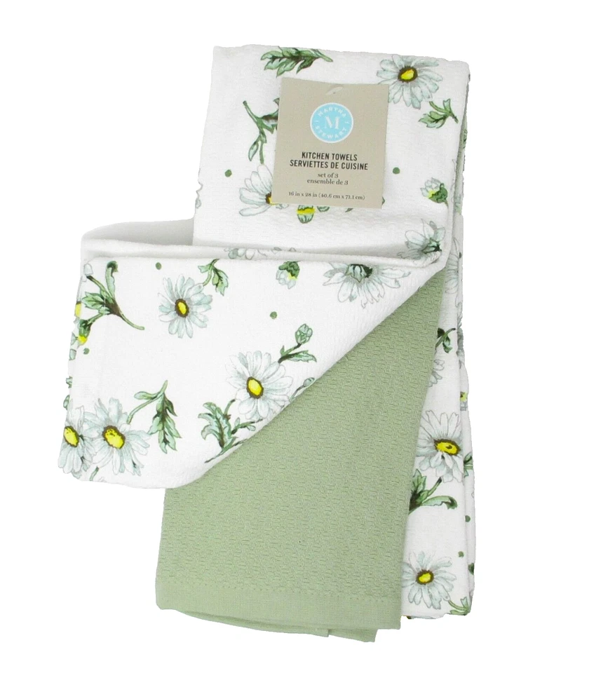 Juego de toallas de cocina Martha Stewart de 3 platos a mano 2 verdes florales y 1 liso Foto 2 de 3