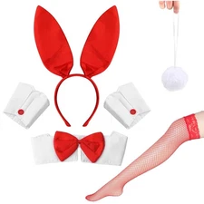 6 Pcs Red Bunny Costume Set Bunny Ear Headband Collar Cuffs Stockings Rabbit ...