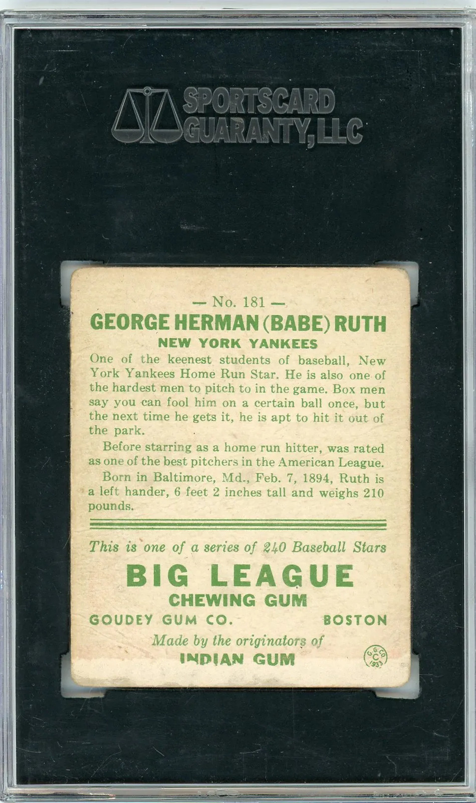1933 Goudey Babe Ruth #181 SGC 1 view 2