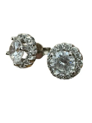Vintage PT 925 Platinum Sterling Silver Clear Stone Halo Stud Earrings