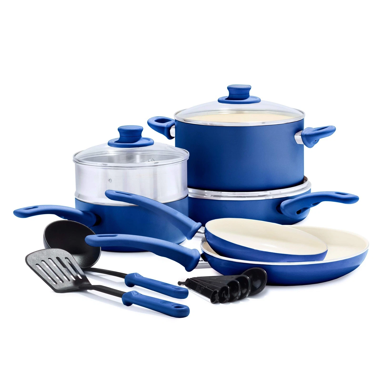 12 Piece Nonstick Kitchen Cookware Set Blue Ceramic Toxin Free Cookware Set