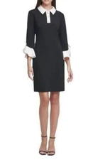 Shelby & Palmer Black & White Collared Dress 3/4 Cuffed Sleeves Knee Length 20W