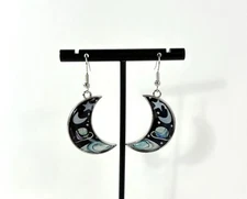 Silver Tone Crescent Moon Stars Planets Space Hook Drop Dangle Pierced Earrings