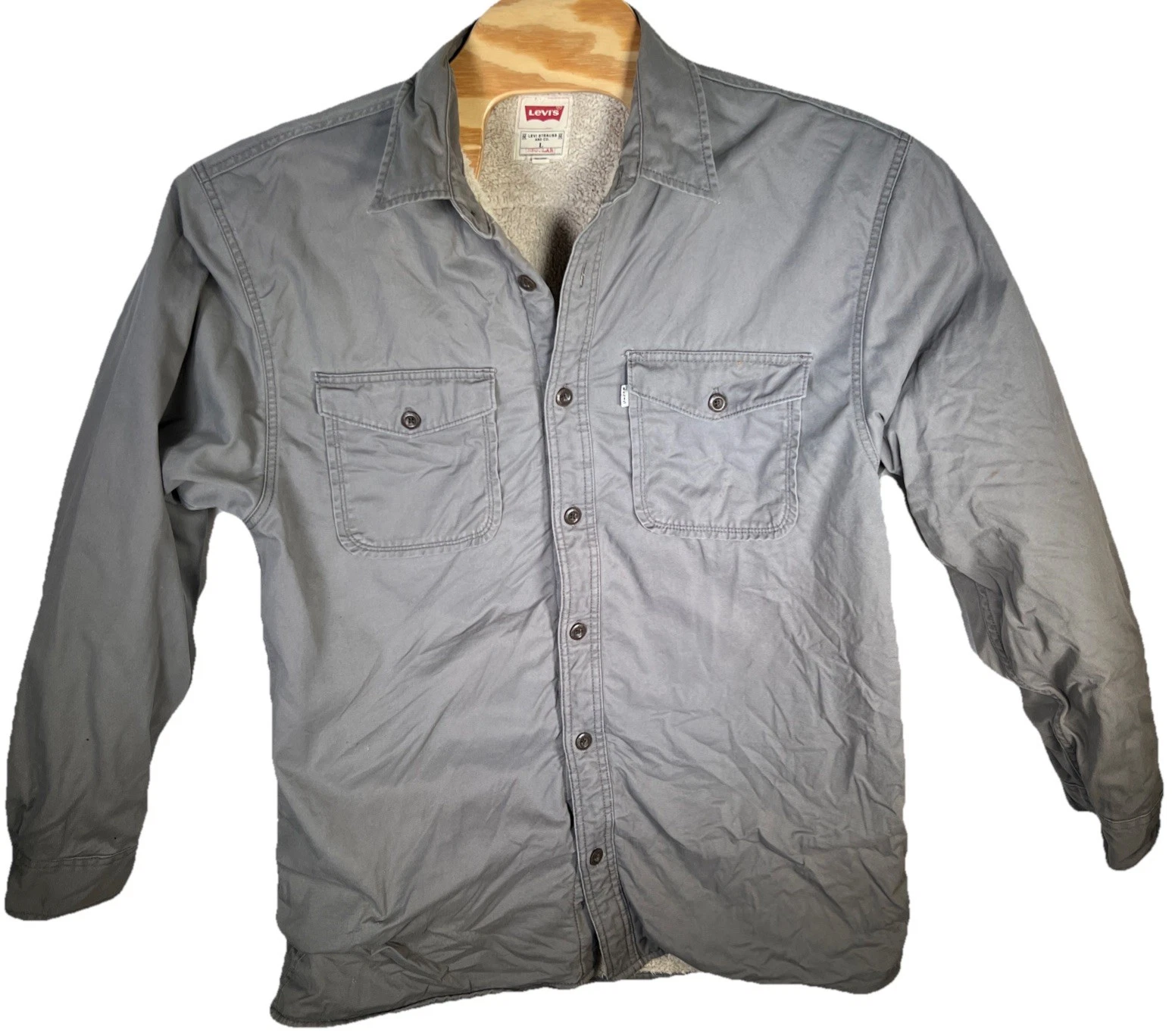 Levi’s Men’s Large Fleece Lined Jacket Gray W/White Lining Button Front READ
