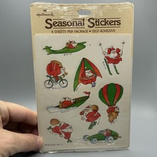 Vintage 1984 Hallmark Traveling Sports Santa Seasonal Sticker 4 Sheet Sealed NOS