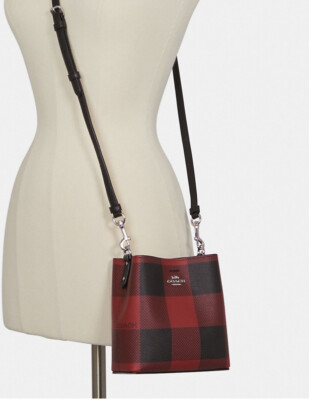 NWT Coach Mini Town Bucket Bag With Buffalo Plaid Print- Red/Black