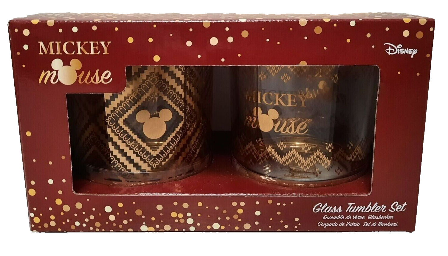 Disney Funko Mickey Mouse Glass Tumbler Set of 2 Gold Design Display Gift Box
