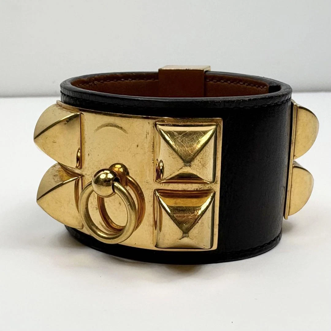 HERMÈS HERMES Collier de Chien Box Bracciale Pelle Nero Larghezza 4cm Accessorio Autentico