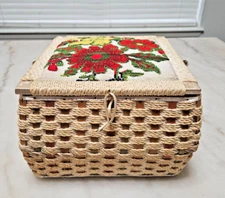 Vintage Large Woven Rattan Sewing Basket Floral Pink Box, Flower Sewing Design