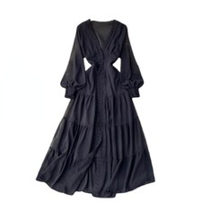 Elegant Women Lace Midi Dress Long Puff Sleeve V-neck Button Summer Boho Hippie