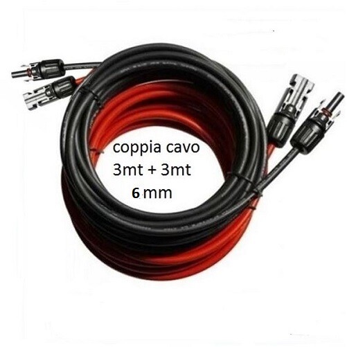 Coppia Cavo Solare 3mt Rosso+3 mt Nero 6mm Connettori doppi