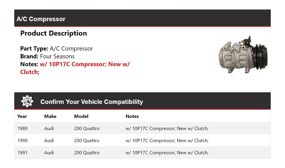 Compresor de aire acondicionado para Audi 200 Quattro 1989-1991 4 estaciones 1990 Foto 2 de 4