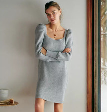 Anthropologie Puff Sleeve Sweater Dress Rib Knit Open Back Wayf Gray Size S NEW