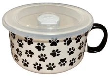 Kirklands Home Ceramic Soup Mug & Air tight flip-open Lid- Paw Prints Pattern🐾