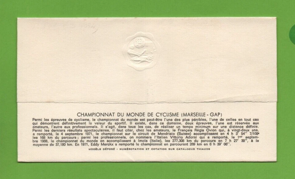 FDC 1972 - Championship Monde Cycling, Marseille-Gap ( Ref. 9033) - Image 2 of 2