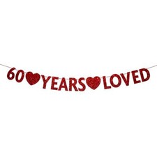 Red 60 Year Loved Banner Red Glitter Happy 60th Birthday Party Decorations Su...