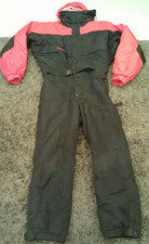 VTG Columbia Ski One Piece Snowsuit Bibs Mens Large L Zip Hooded Belt Red Black