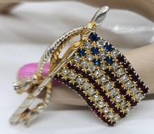 Vintage Rhinestone American Flag Brooch Pin Red White & Blue Marked Rafaella 2"