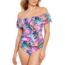 Swim Solutions Magnolia Off-The-Shoulder One-Piece Swimsuit Multi Size 16 NWT