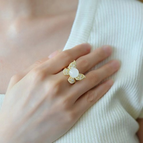 Zertifikat Hetian Jade Ring Silber Inlay Schmetterling Nephrit Ring feiner Schmuck