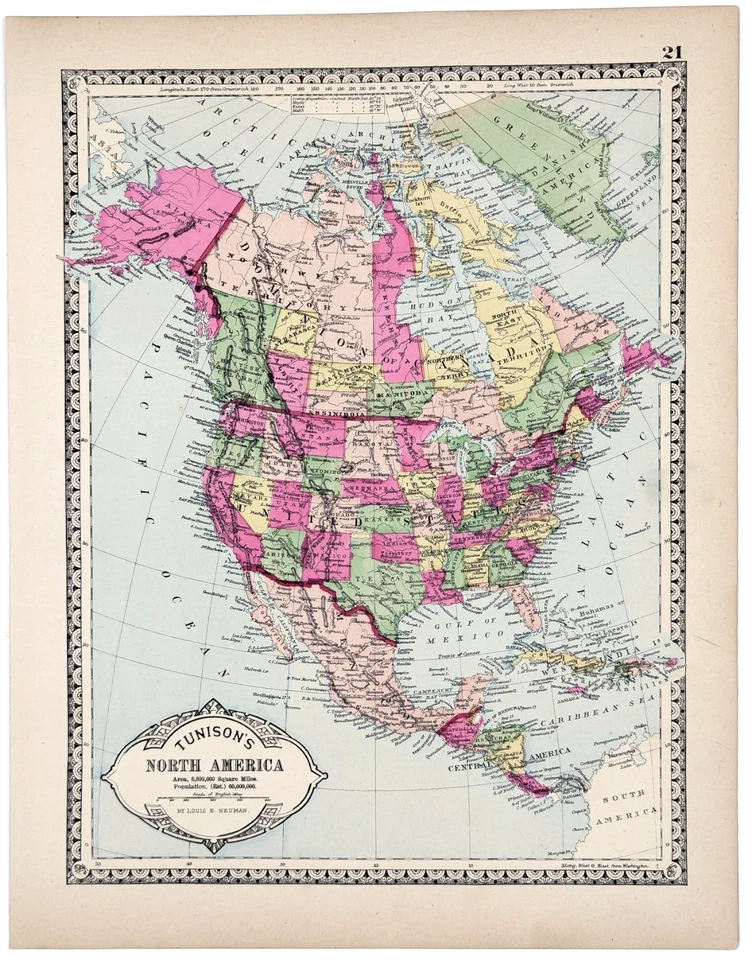 Mapa de América del Norte 1887 ORIGINAL (12X9) CANADÁ - ESTADOS UNIDOS - ALASKA Foto 2 de 4