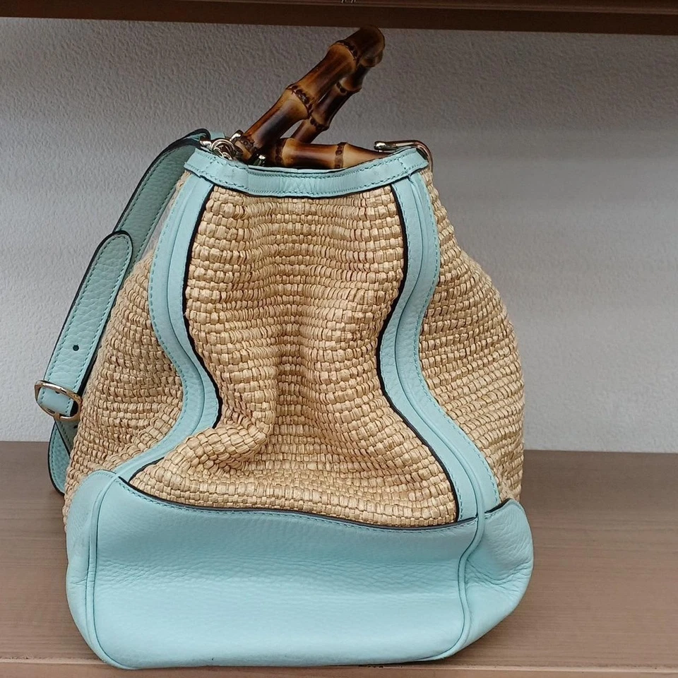 Bolso de Mano Gucci Rafia Bambú Shopper Grande Hombro Cuero Azul Paja 323658 Foto 4 de 4