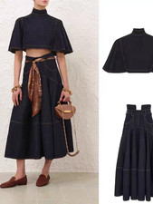 ZIMMERMANN Denim Crop Top Stand Collar Short Jacket Pencil Skirt Set Women Casua
