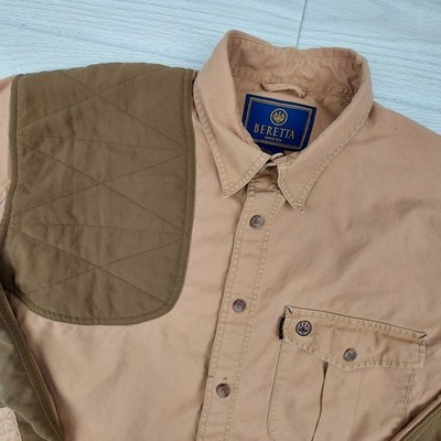 Beretta Shooting Shirt Mens XL Tan Quilted Shoulder Patch Long Sleeve Hunting